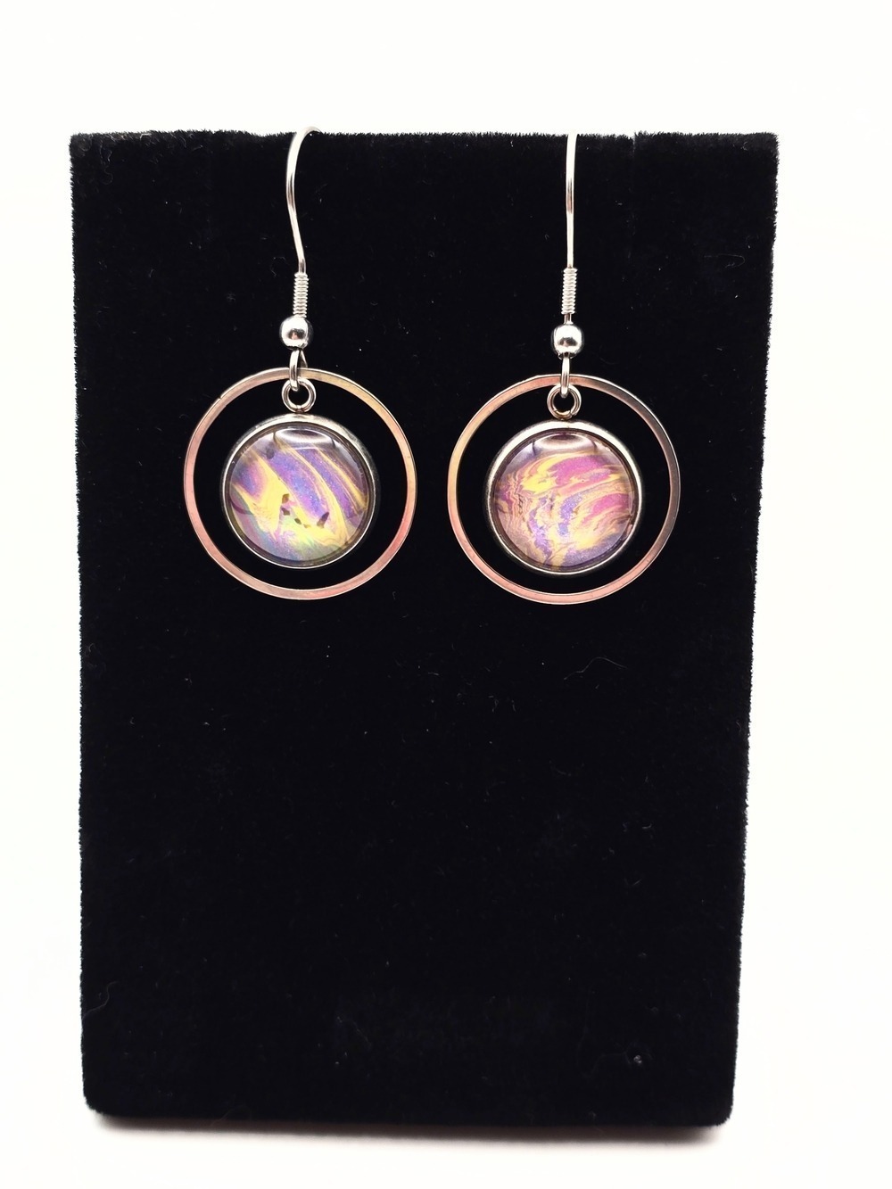 Iridescent Purple Gold Hoop Drop Earrings